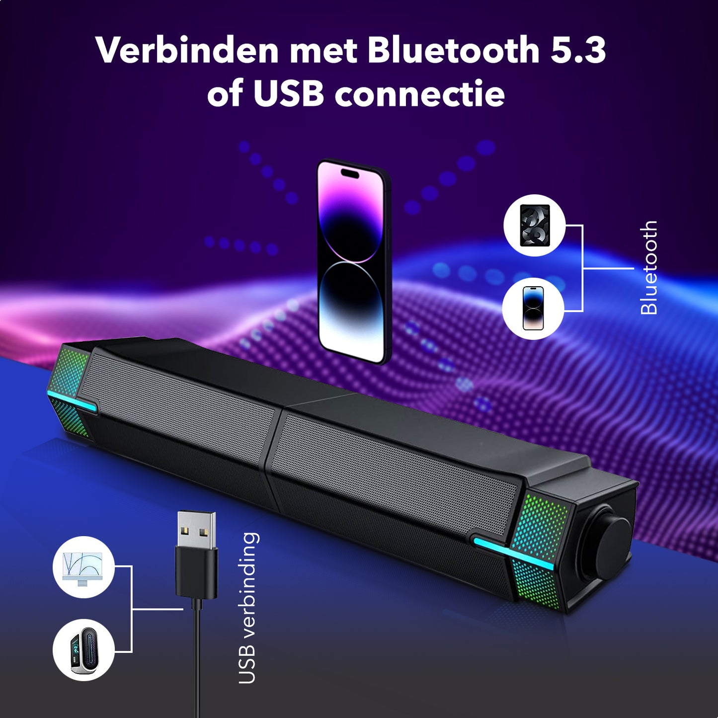 Gadgetplace 2 in 1 Soundbar PC speakers met Bluetooth 5.3: Met RGB verlichting