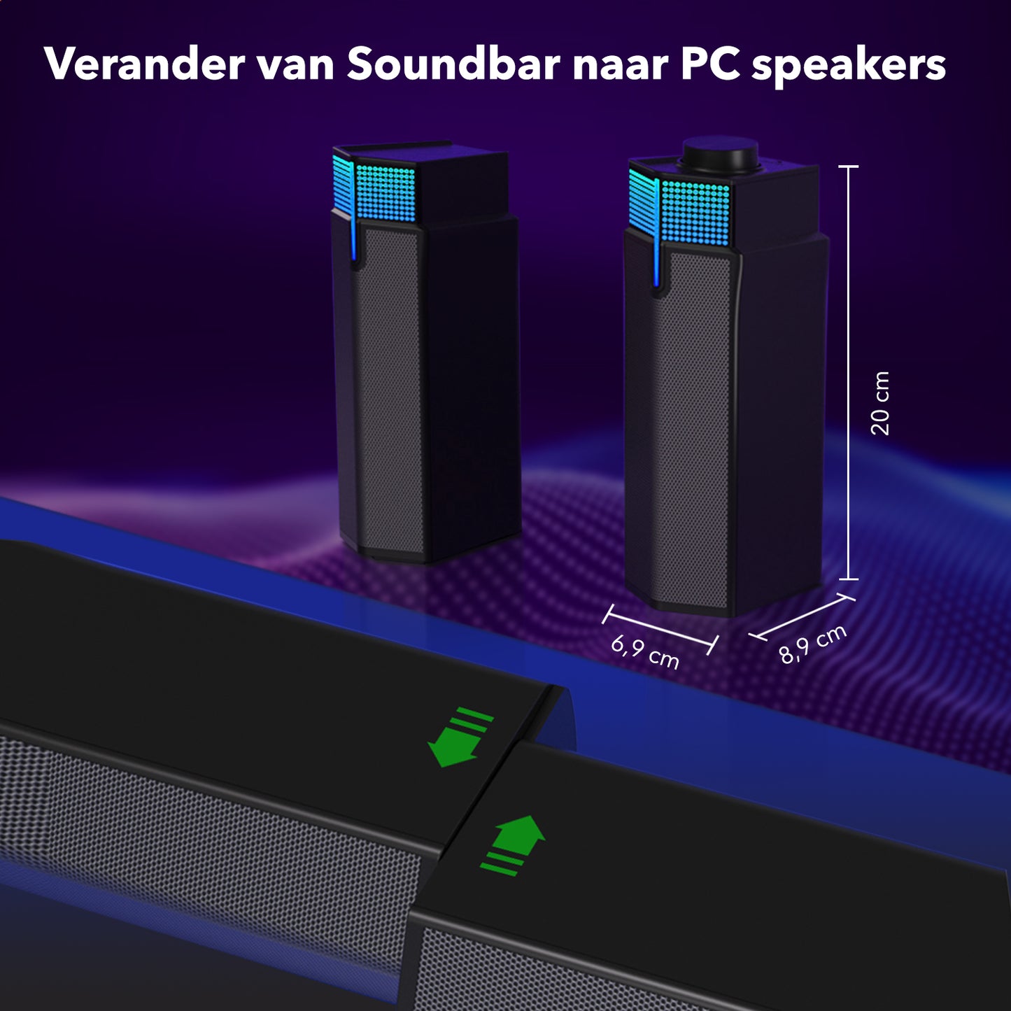 Gadgetplace 2 in 1 Soundbar PC speakers met Bluetooth 5.3: Met RGB verlichting