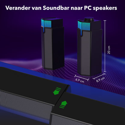 Gadgetplace 2 in 1 Soundbar PC speakers met Bluetooth 5.3: Met RGB verlichting