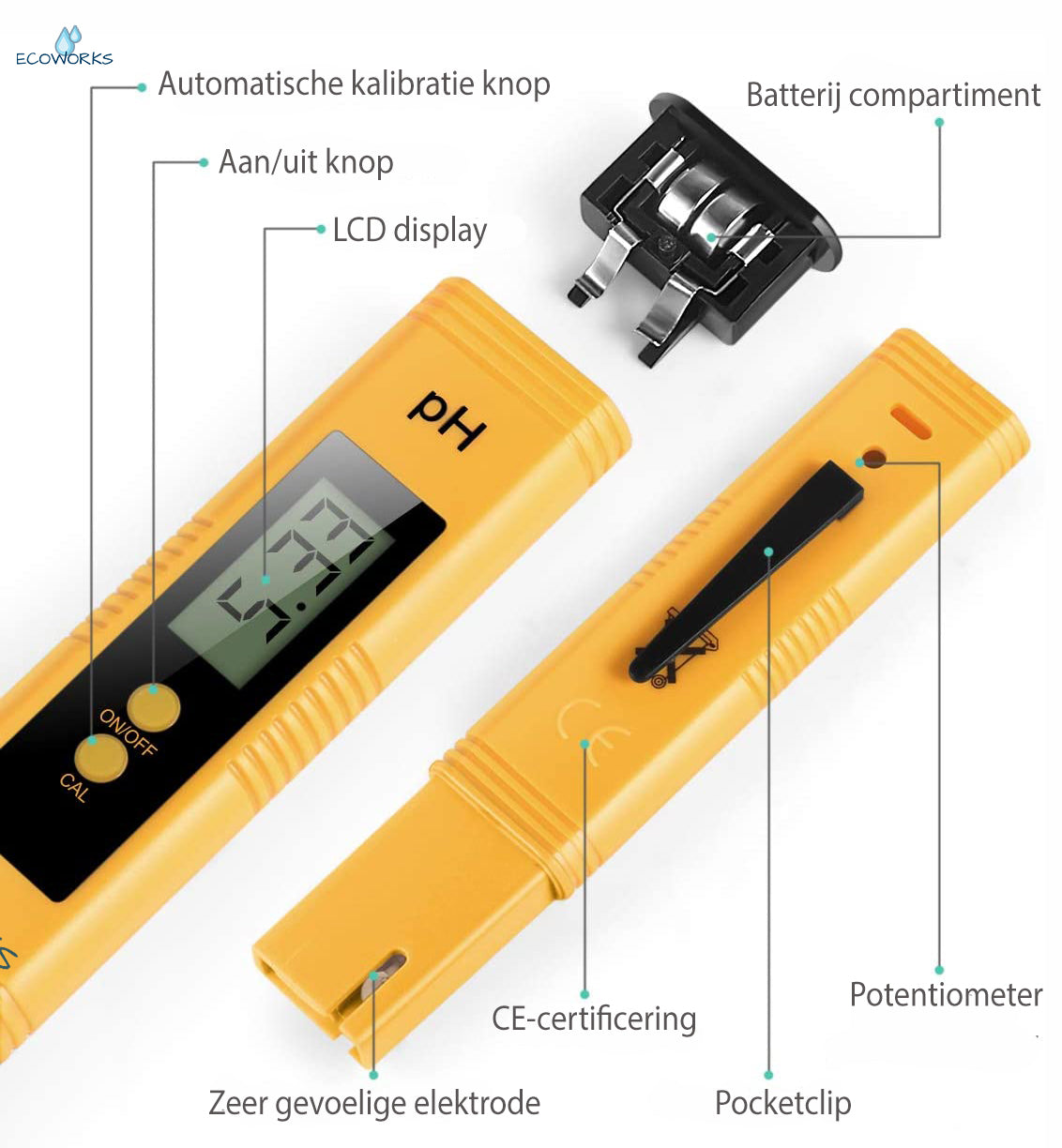 Ecoworks Digitale PH meter incl. kalibratie: Voor Zwembad/Aquarium/Grond Onderhoud