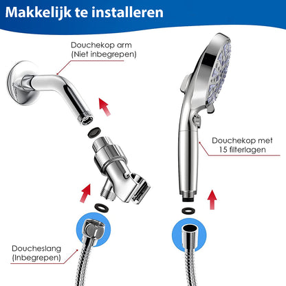 Ecoworks Ionische Douchekop met Hoge druk straal Incl. Doucheslang: 15 filterlagen - Waterbesparend