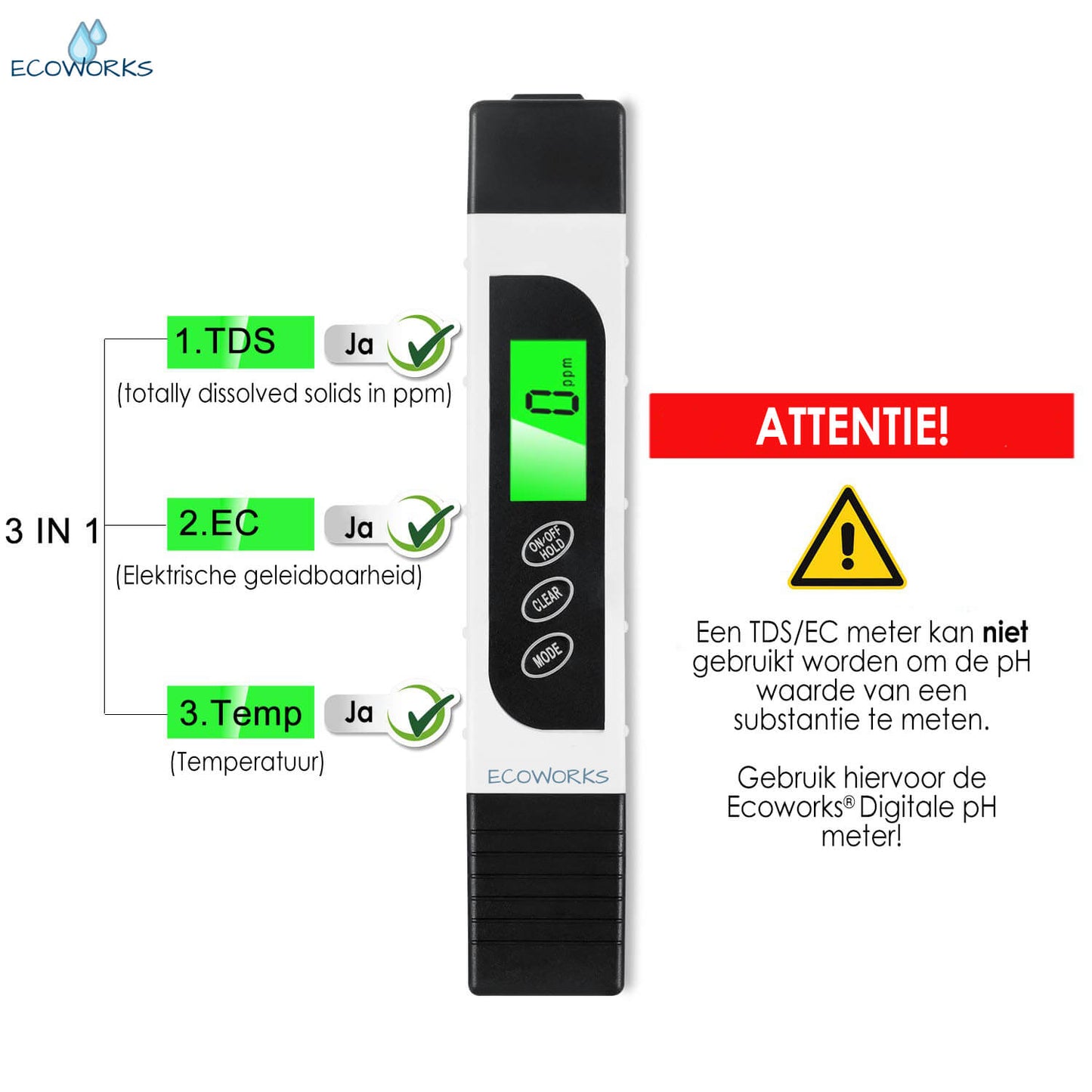 Ecoworks Digitale TDS/EC Meter met Temperatuurmeting: Inclusief Batterij - De Gatgetwinkel