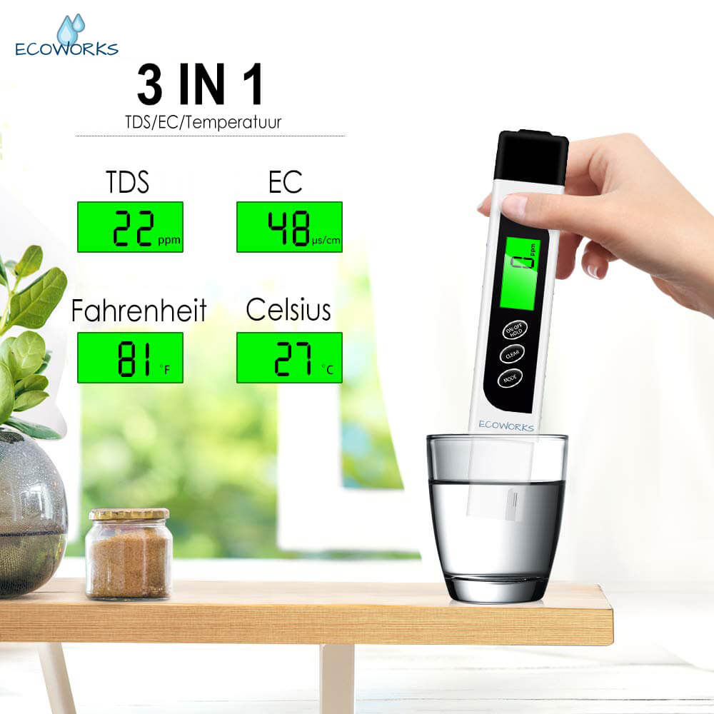 Ecoworks Digitale TDS/EC Meter met Temperatuurmeting: Inclusief Batterij - De Gatgetwinkel