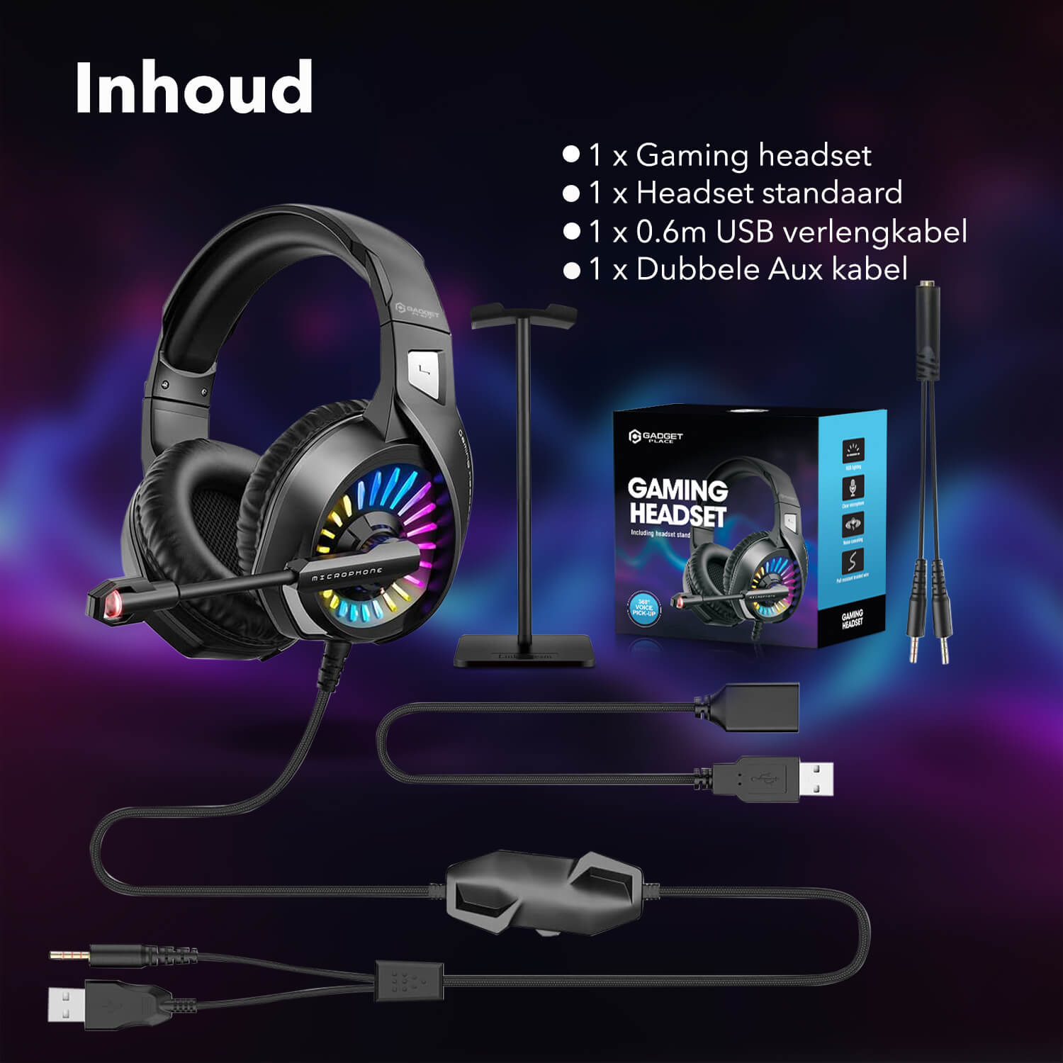 Gadgetplace Gaming Headset met Microfoon: Inclusief Houder, LED, RGB, Bedraad - De Gatgetwinkel