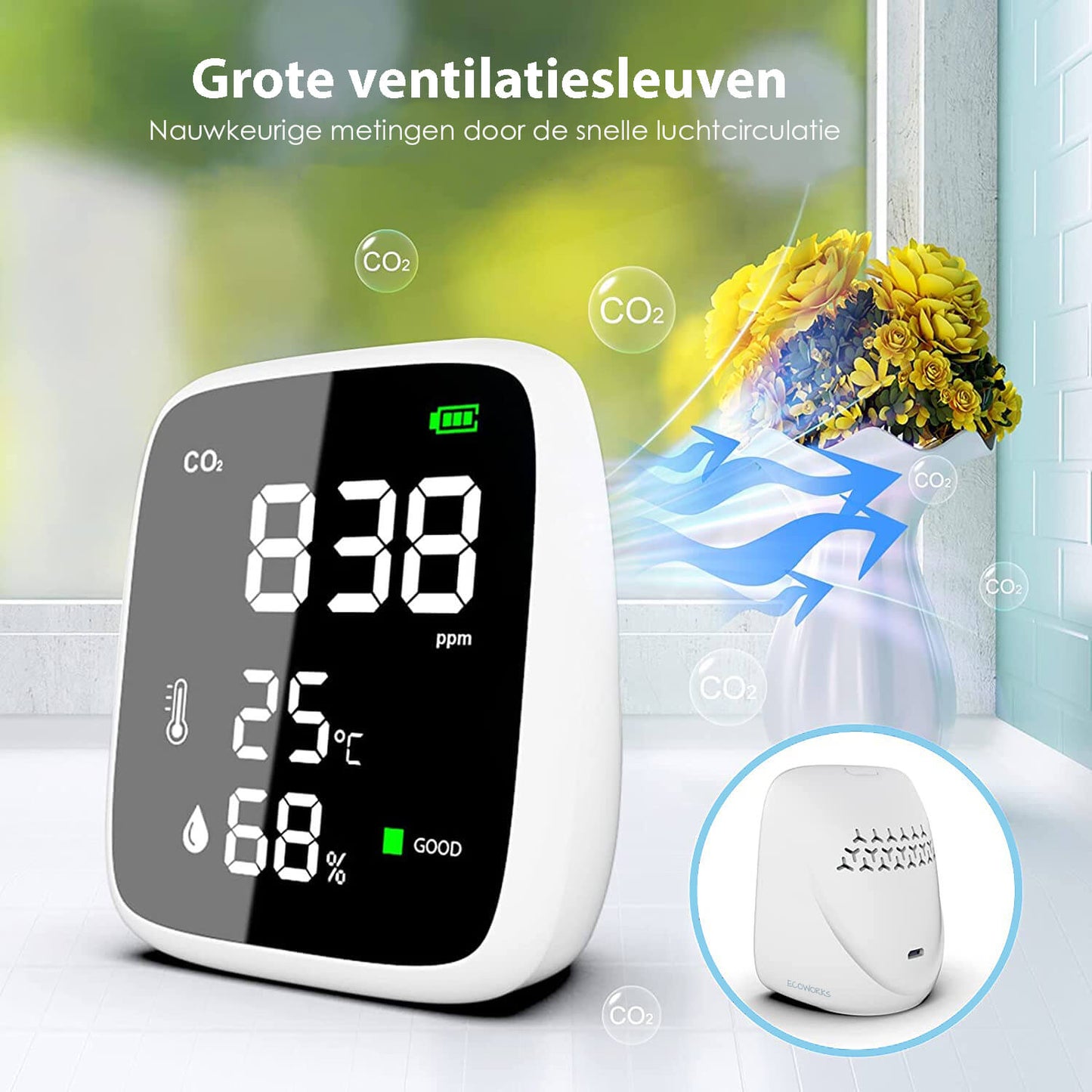 Ecoworks Draadloze 3-in-1 CO2 Meter: Luchtkwaliteitsmeter & Monitor - De Gatgetwinkel