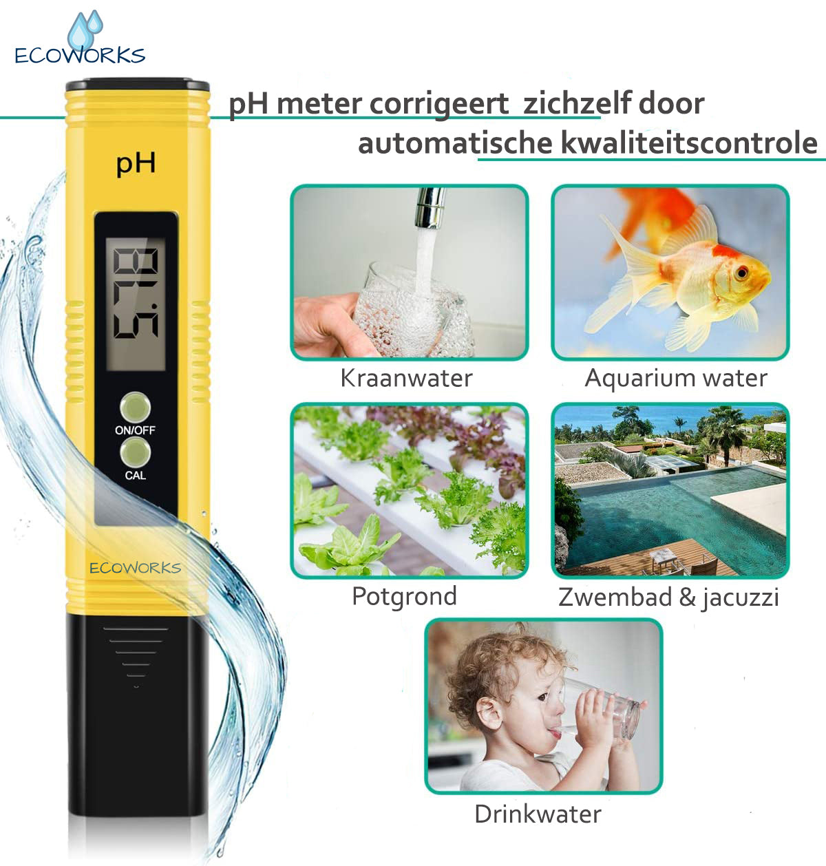 Ecoworks Digitale PH meter incl. kalibratie: Voor Zwembad/Aquarium/Grond Onderhoud