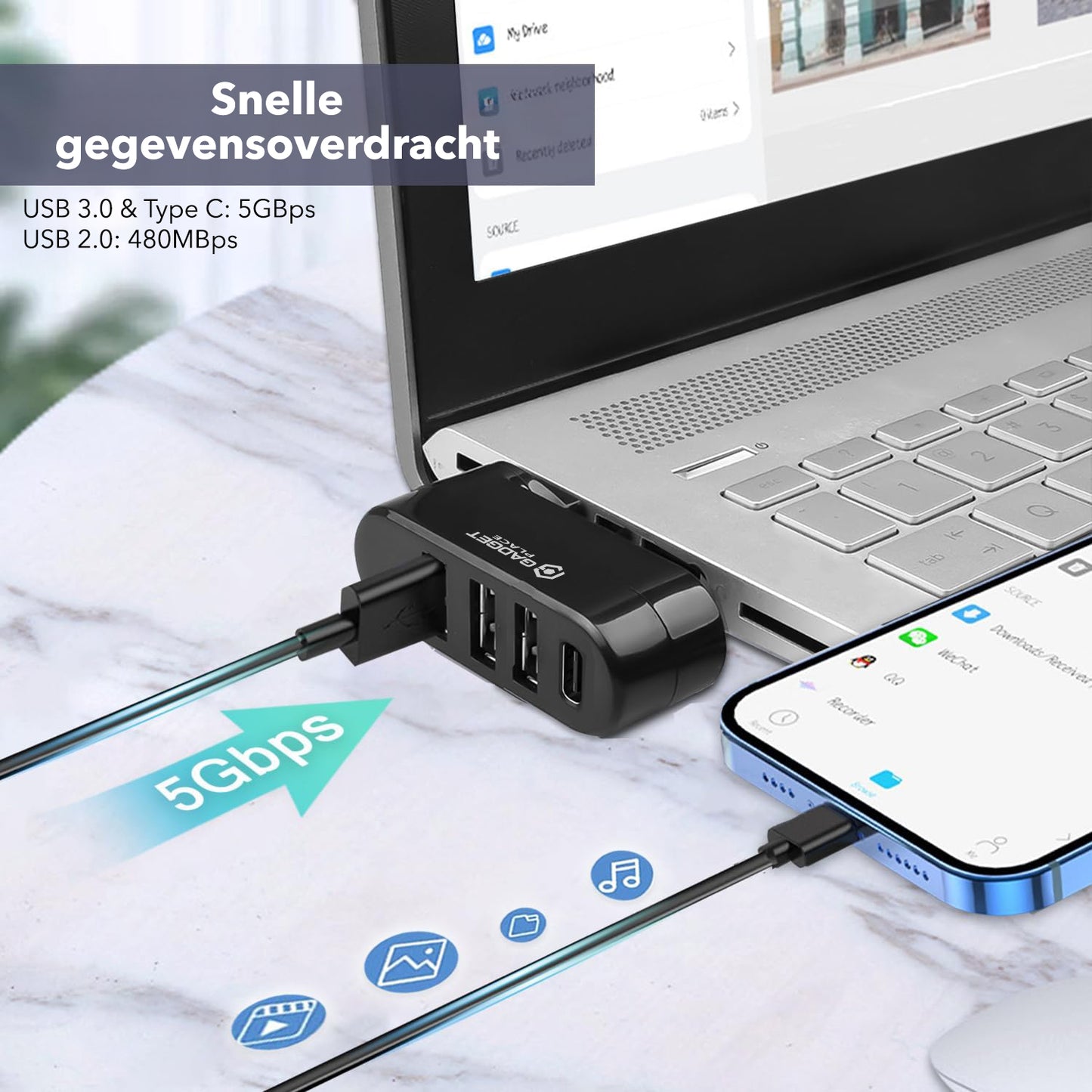 Gadgetplace USB 3.0 Hub Splitter met 4 poorten: 5GBps Transmissie snelheid