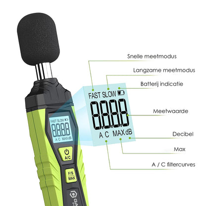 Gadgetplace Professionele Decibelmeter met Beschermhoes: Batterijen inbegrepen - 30 dB tot 130 dB