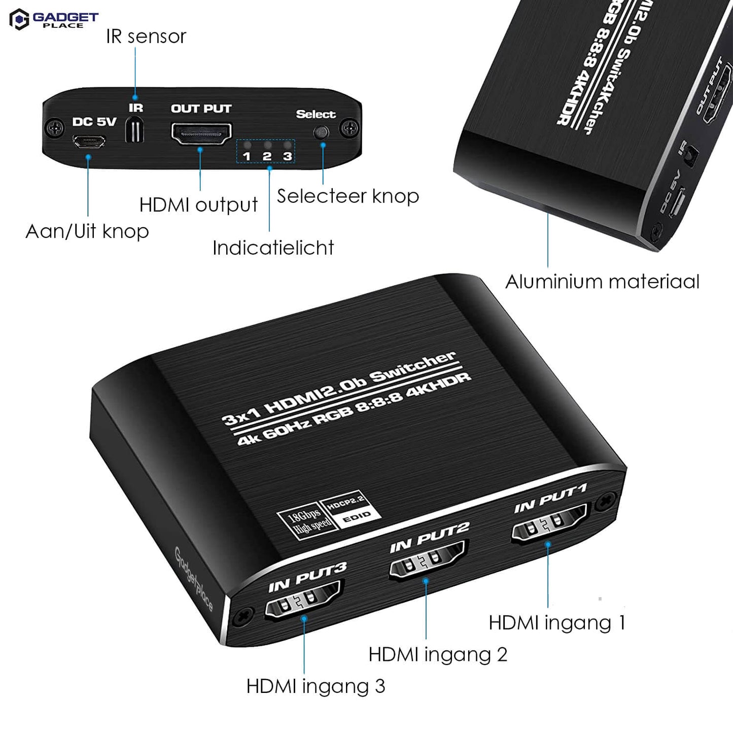 Gadgetplace HDMI Switch Pro 3-in-1 met Afstandsbediening: 4K @ 60Hz, HDMI Splitter - De Gatgetwinkel