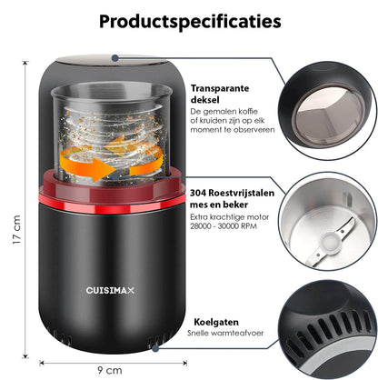 Cuisimax Elektrische Koffiemolen: One Touch Bediening, voor Bonen & Kruiden - De Gatgetwinkel