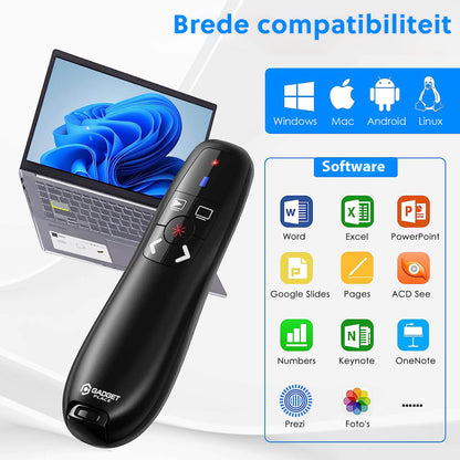 Professionele Draadloze Presenter: Rode Laser Pointer - Tot 30M Bereik - Voor PowerPoint - De Gatgetwinkel