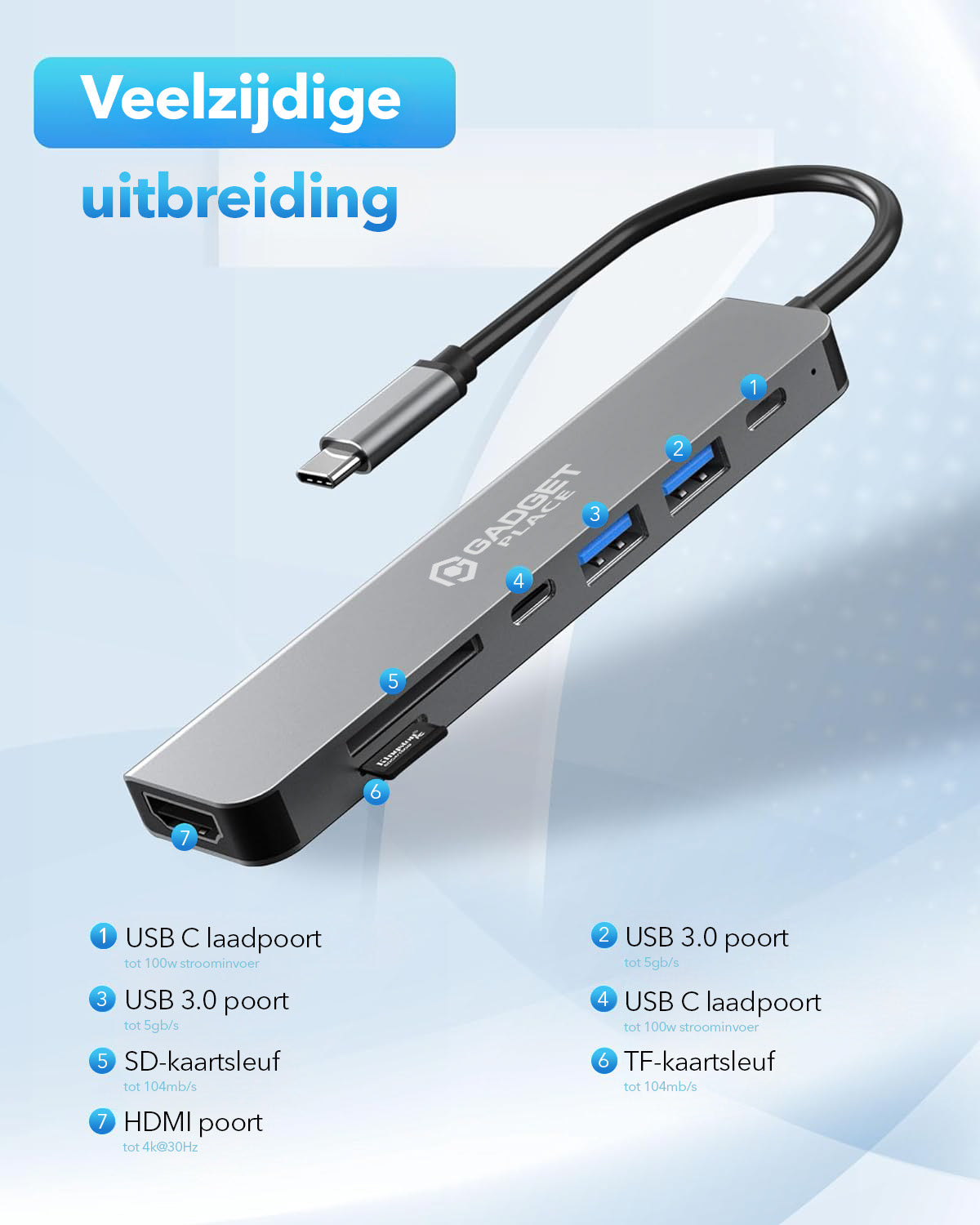 Gadgetplace USB Hub 3.0 met HDMI Poort incl. USB Adapter: 7 Poorten & 5GBps snelheid