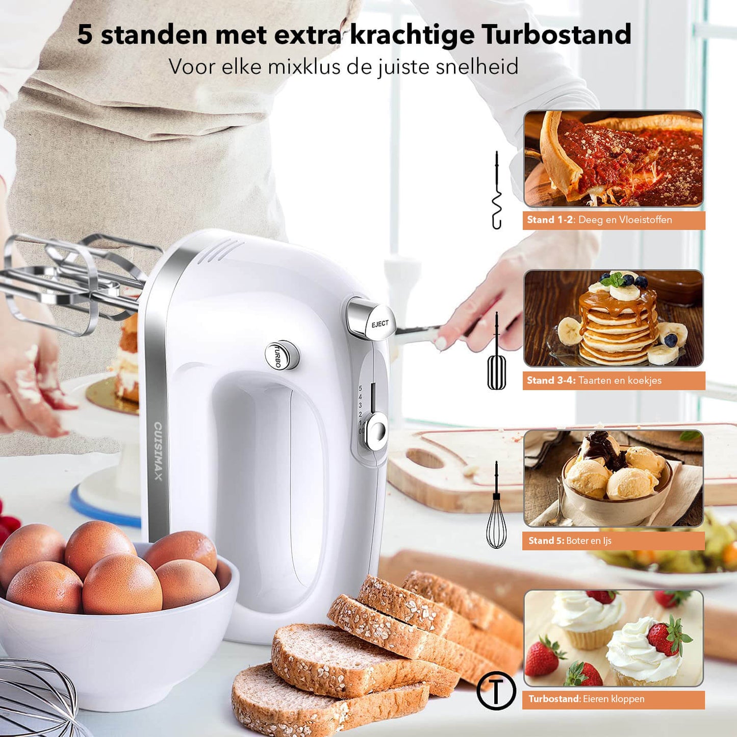 Cuisimax Handmixer 400W: 5 Standen, Turbo, met Klopgardes & Kneedhaken - De Gatgetwinkel