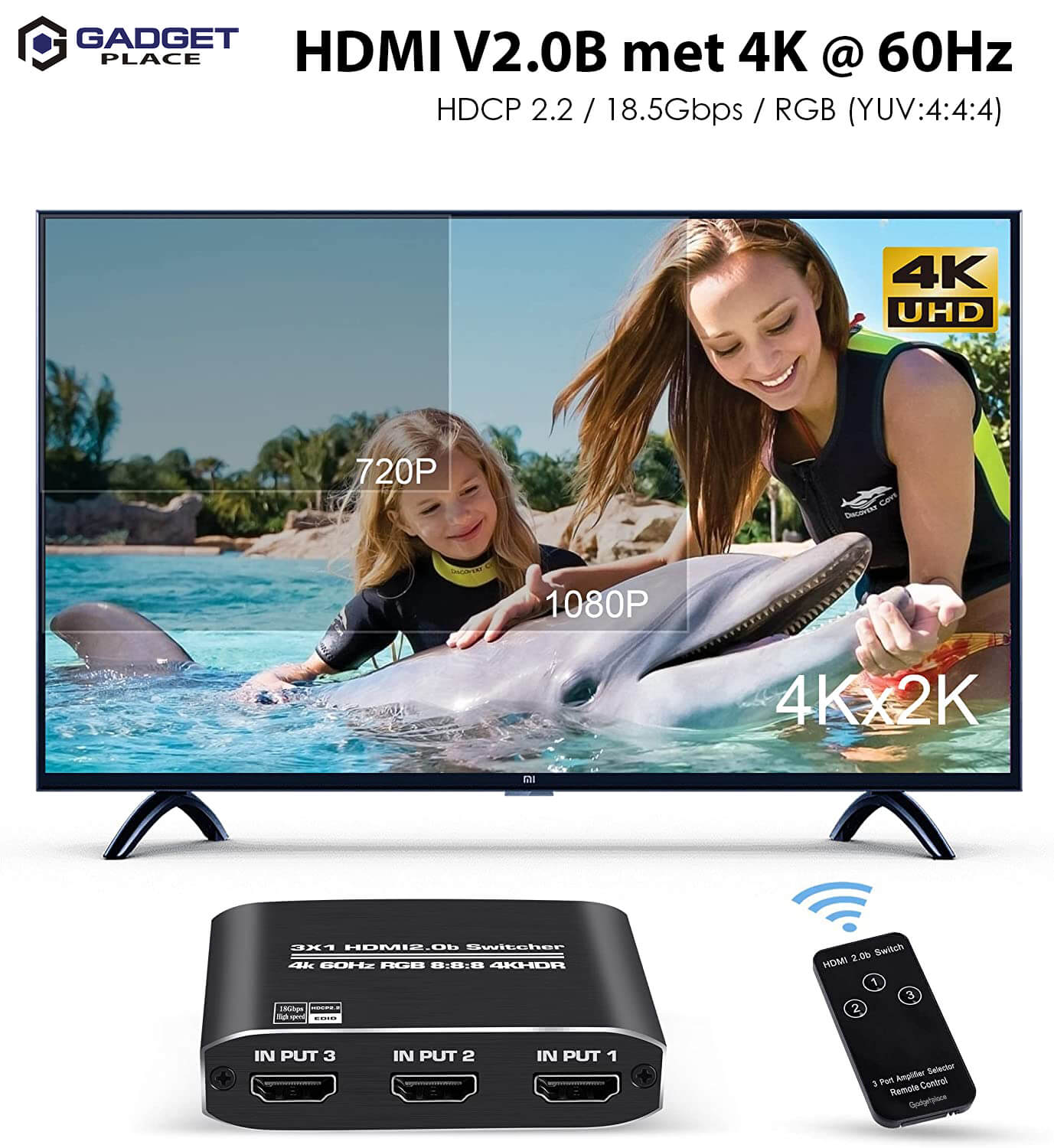 Gadgetplace HDMI Switch Pro 3-in-1 met Afstandsbediening: 4K @ 60Hz, HDMI Splitter - De Gatgetwinkel