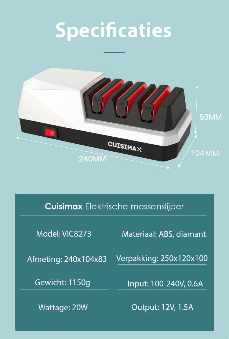 Cuisimax Elektrische Messenslijper: 3 Fasen, Diamanten Slijpsteen, voor Alle Messen - De Gatgetwinkel